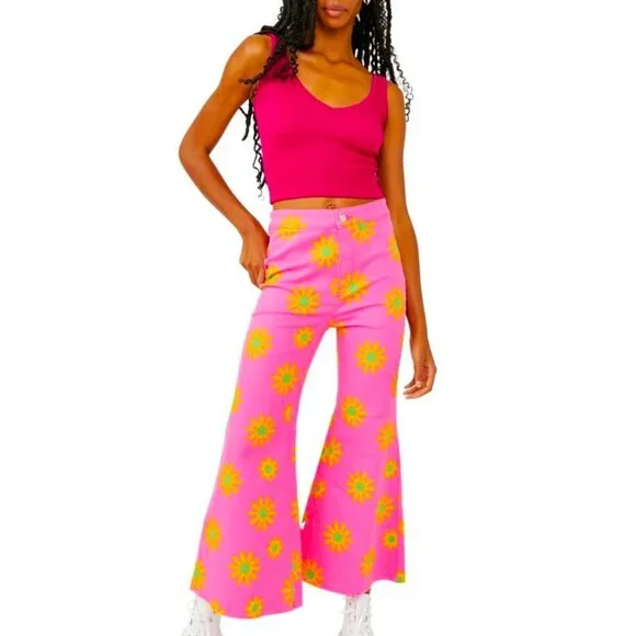 Free People Youthquake Pink Lipstick Combo Cropped Retro Flare Jeans Size 30 NWT - Picture 11 of 15